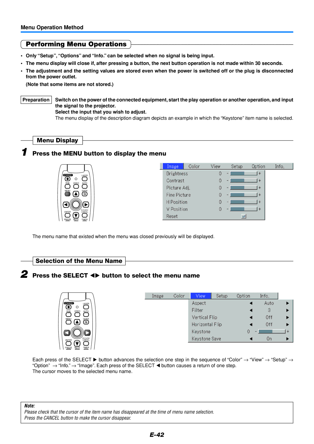 PLUS Vision U5-432 user manual Performing Menu Operations, Menu Display Press the Menu button to display the menu 