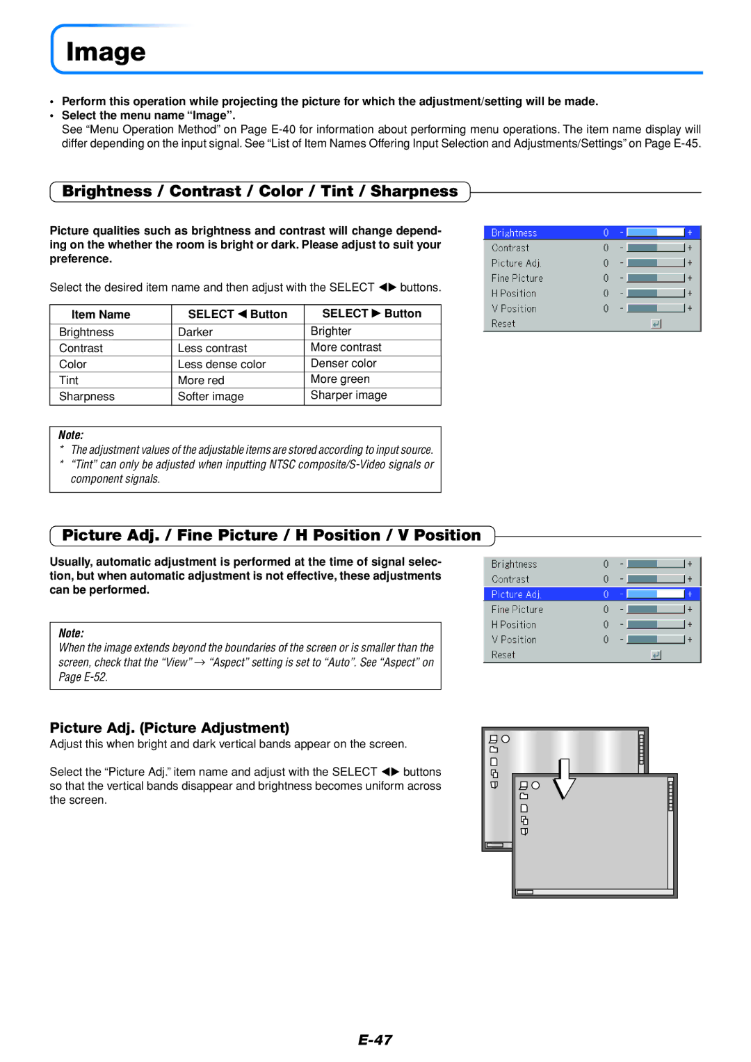 PLUS Vision U5-432 user manual Image, Brightness / Contrast / Color / Tint / Sharpness, Picture Adj. Picture Adjustment 