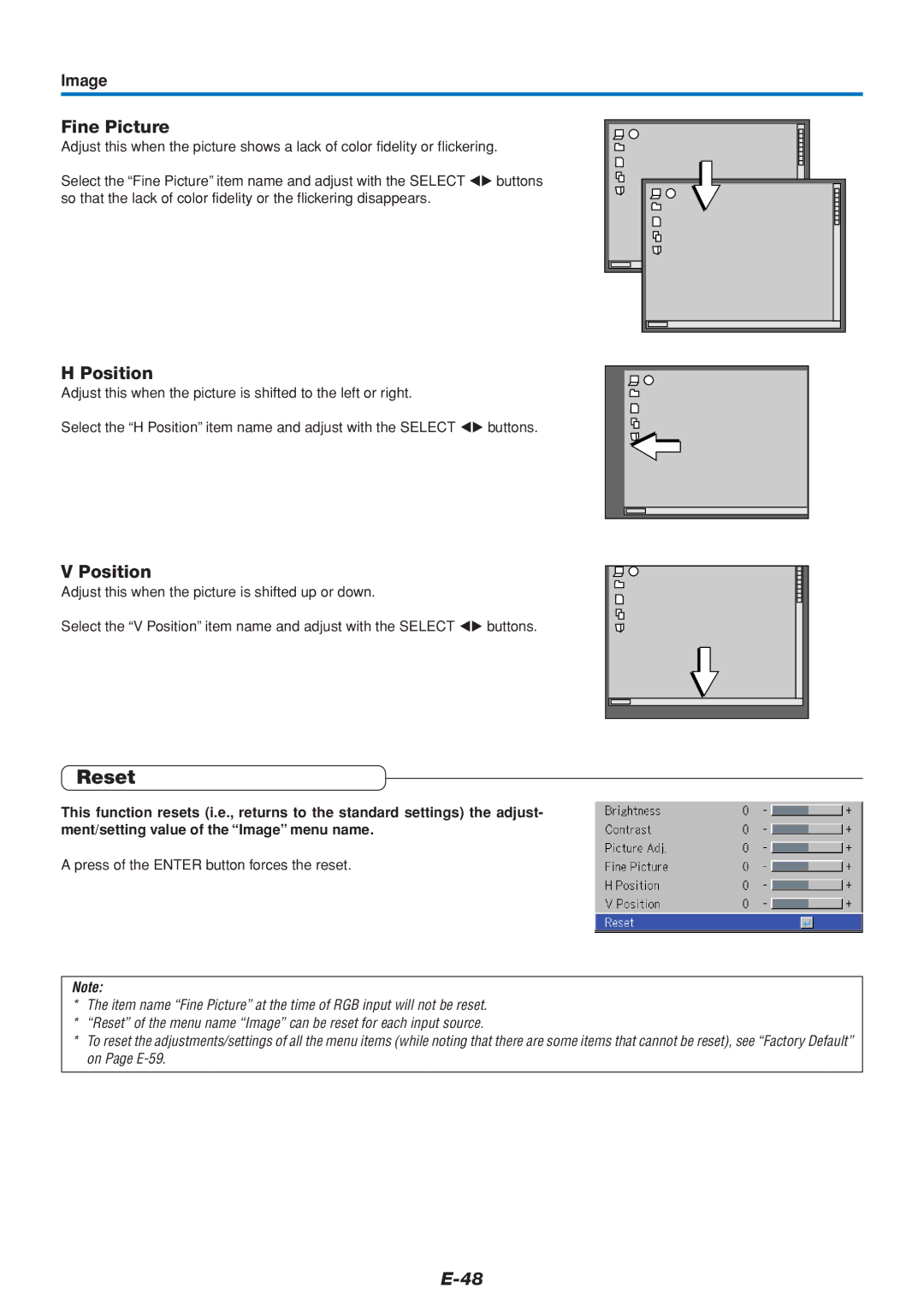 PLUS Vision U5-432 user manual Reset, Fine Picture, Position, Image, Press of the Enter button forces the reset 