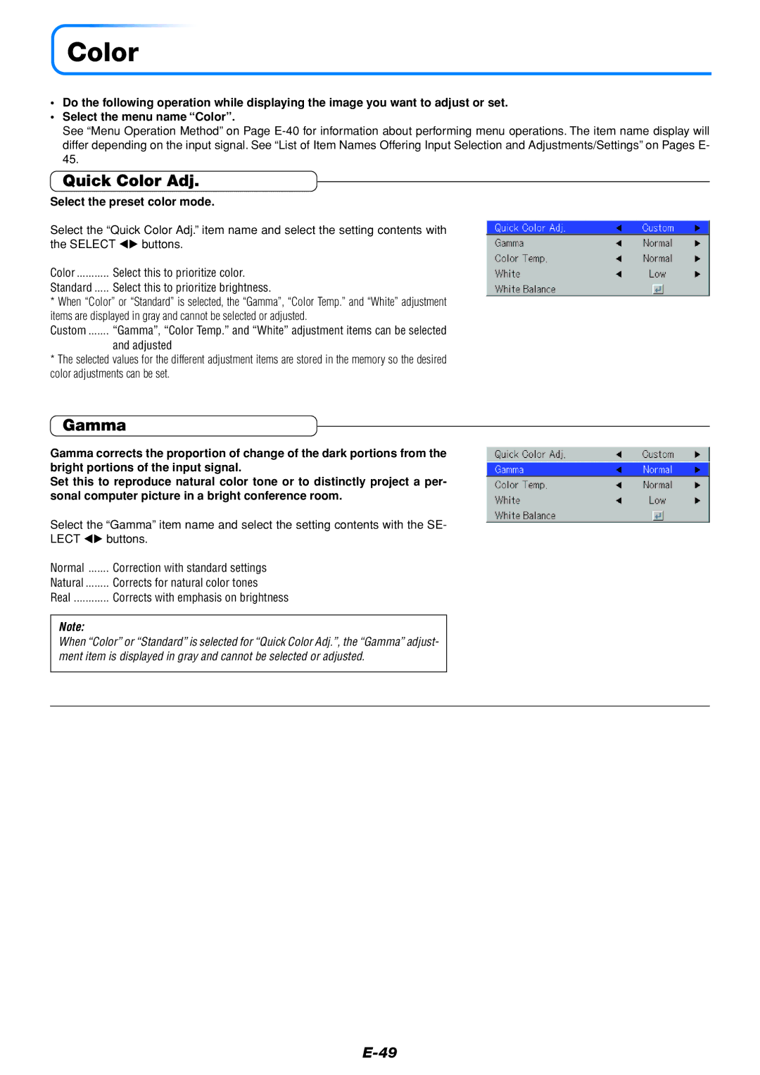 PLUS Vision U5-432 user manual Quick Color Adj, Gamma, Select the preset color mode 