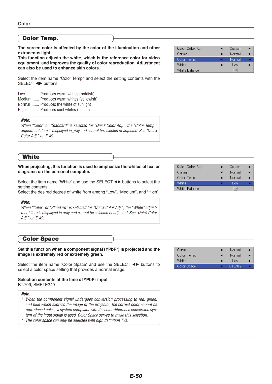 PLUS Vision U5-432 user manual Color Temp, White, Color Space, Selection contents at the time of YPbPr input 