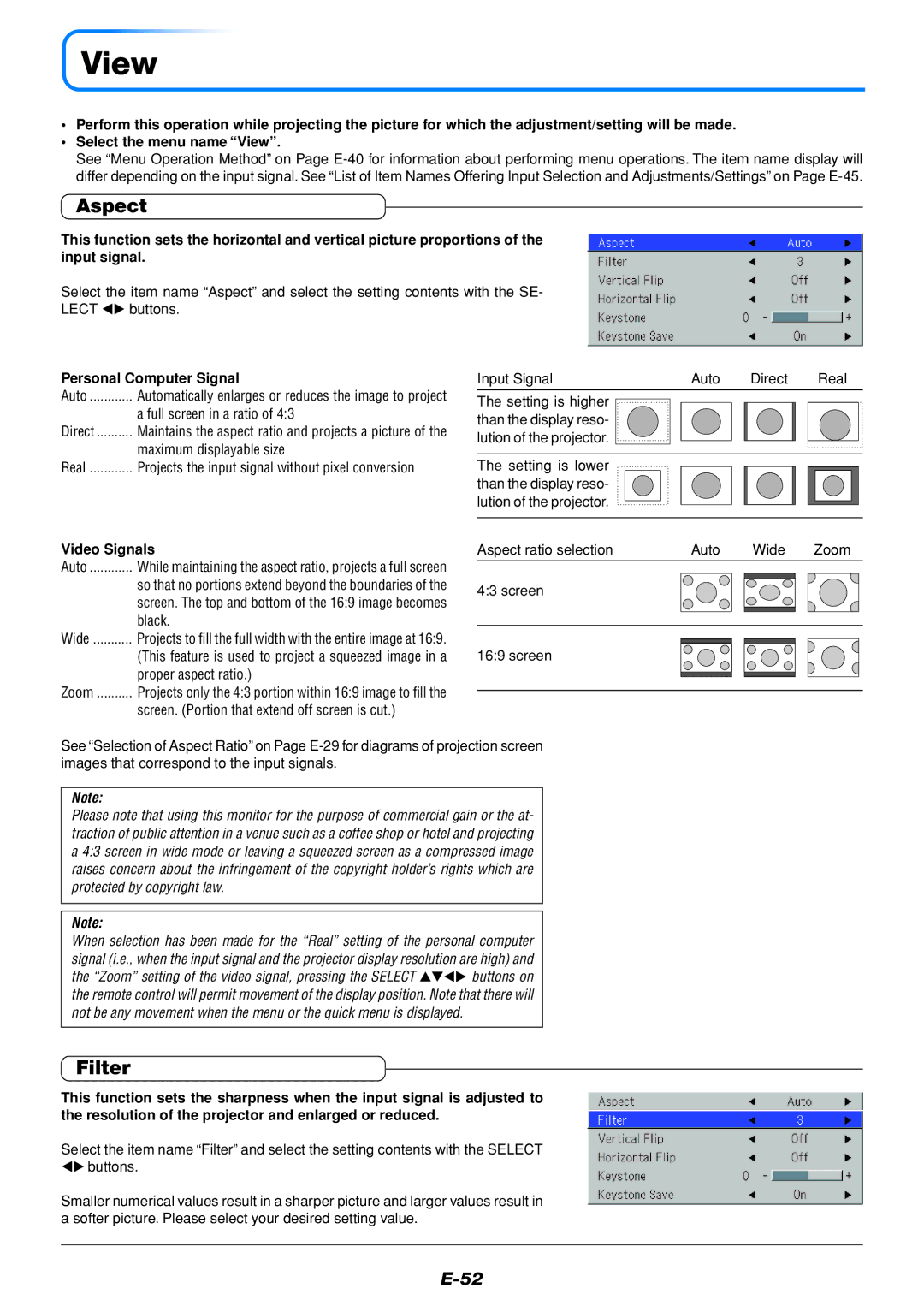 PLUS Vision U5-432 user manual View, Aspect, Filter, Personal Computer Signal, Video Signals 