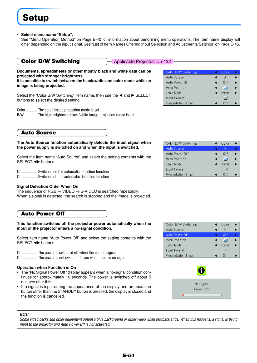 PLUS Vision U5-432 user manual Setup, Color B/W Switching, Auto Source, Auto Power Off 