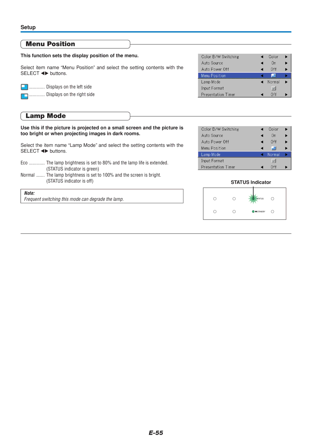 PLUS Vision U5-432 Menu Position, Lamp Mode, Setup, This function sets the display position of the menu, Status Indicator 