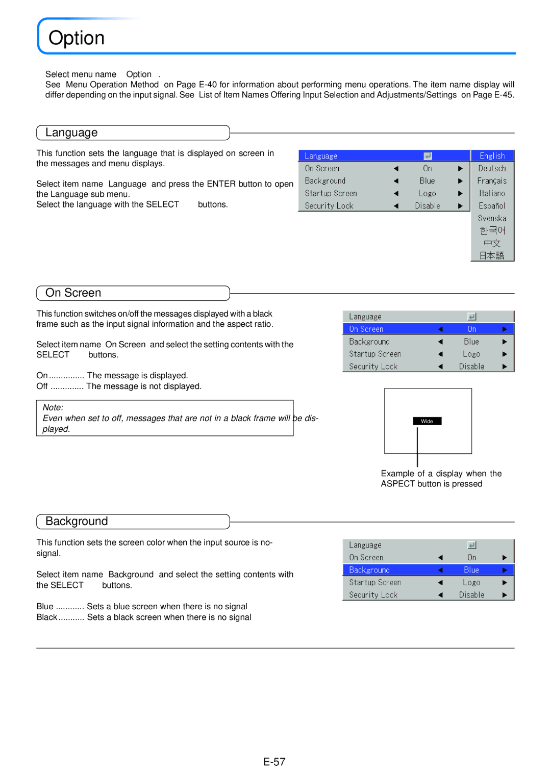 PLUS Vision U5-432 user manual Language, On Screen, Background, Select menu name Option 