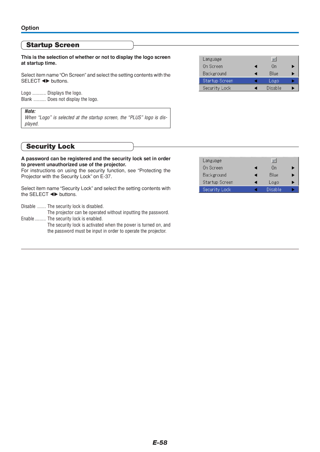 PLUS Vision U5-432 user manual Startup Screen, Security Lock, Option 