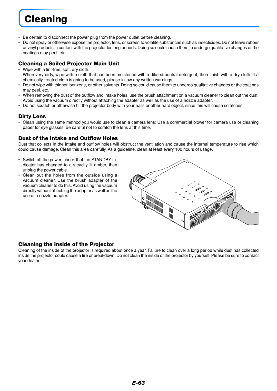 PLUS Vision U5-432 user manual Cleaning a Soiled Projector Main Unit, Dirty Lens, Dust of the Intake and Outflow Holes 