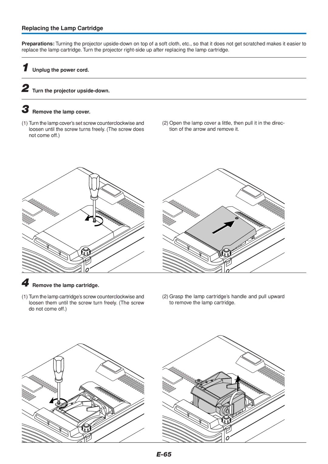 PLUS Vision U5-432 user manual Replacing the Lamp Cartridge, Remove the lamp cartridge 