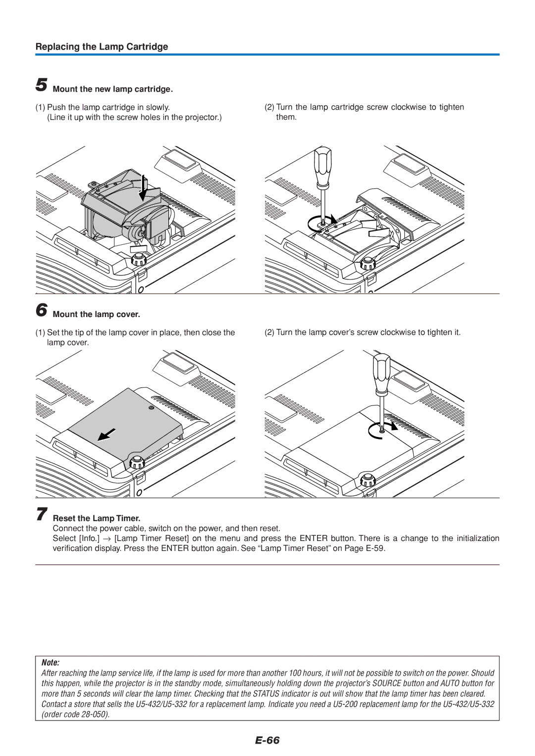 PLUS Vision U5-432 user manual Mount the new lamp cartridge, Mount the lamp cover, Reset the Lamp Timer 