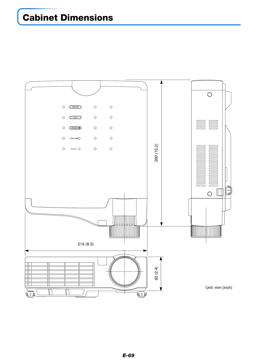 PLUS Vision U5-432 user manual Cabinet Dimensions, 260 216 Unit mm inch 