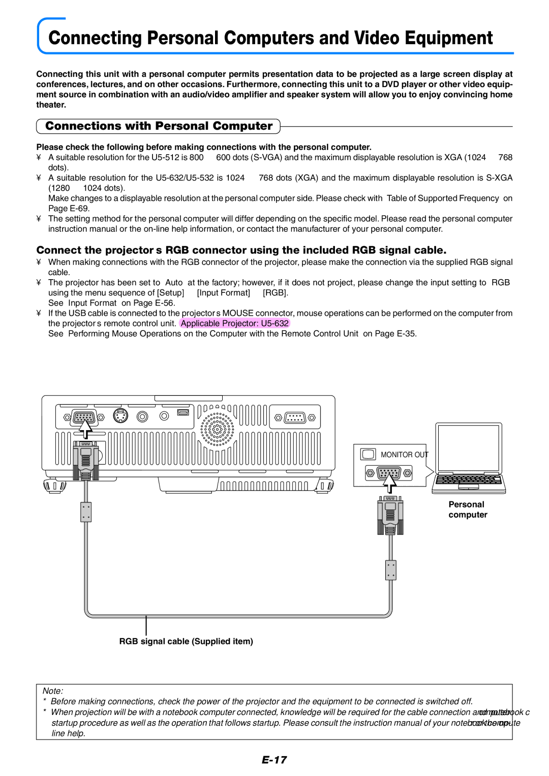 PLUS Vision U5-632, U5-532, U5-512 Connections with Personal Computer, Personal computer RGB signal cable Supplied item 