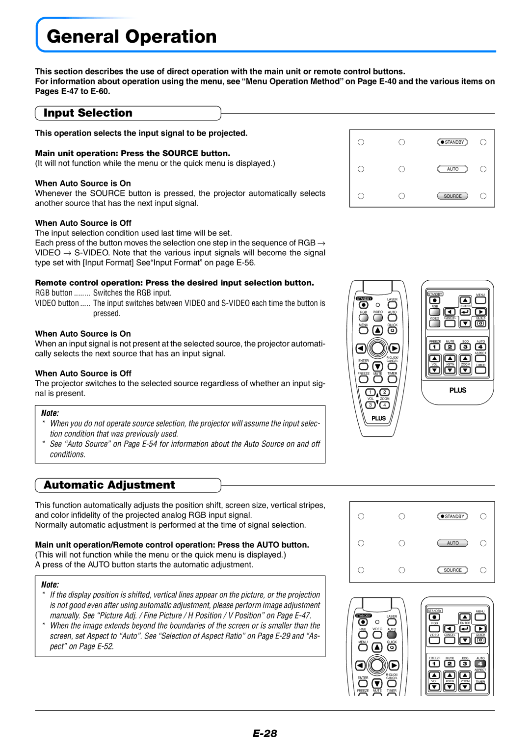 PLUS Vision U5-512, U5-632, U5-532 General Operation, Input Selection, Automatic Adjustment, When Auto Source is On 