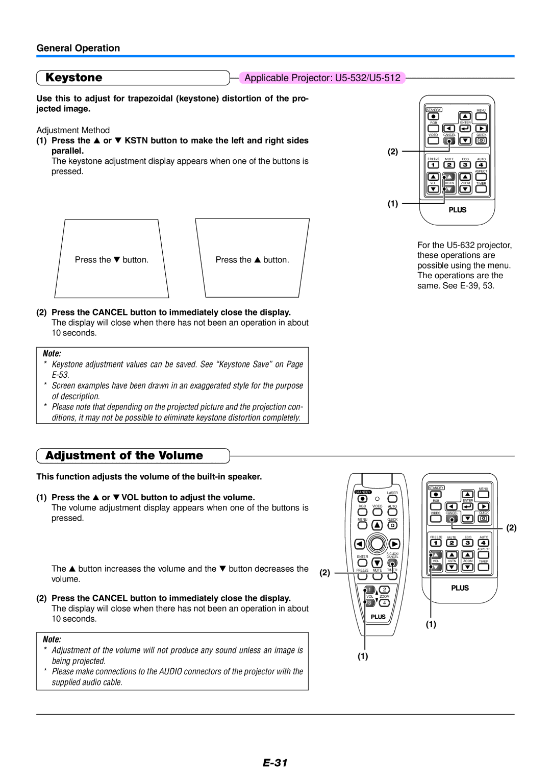 PLUS Vision U5-512, U5-632 Keystone, Adjustment of the Volume, Press the Cancel button to immediately close the display 