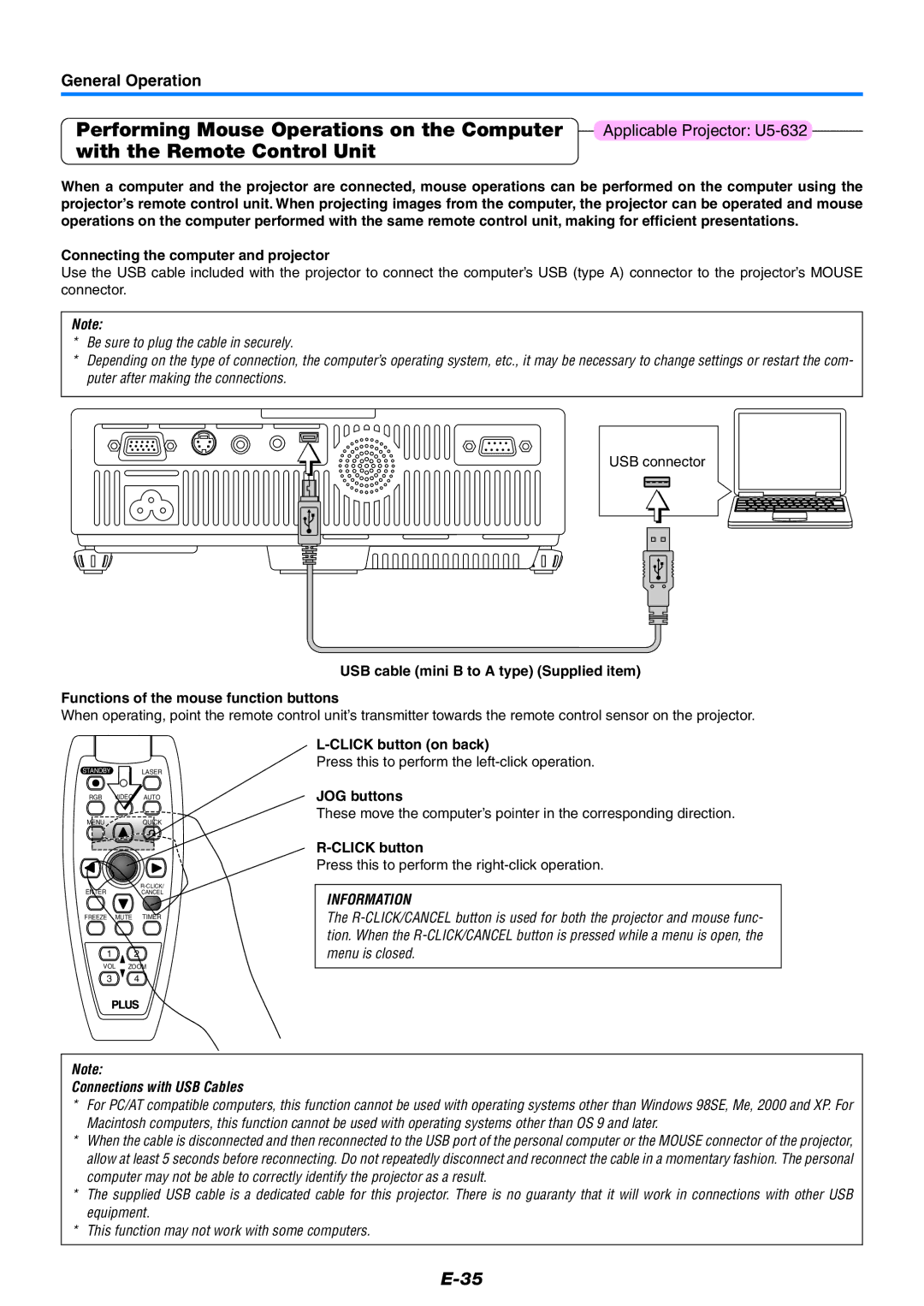 PLUS Vision U5-632, U5-532, U5-512 user manual Connecting the computer and projector, Click button on back, JOG buttons 