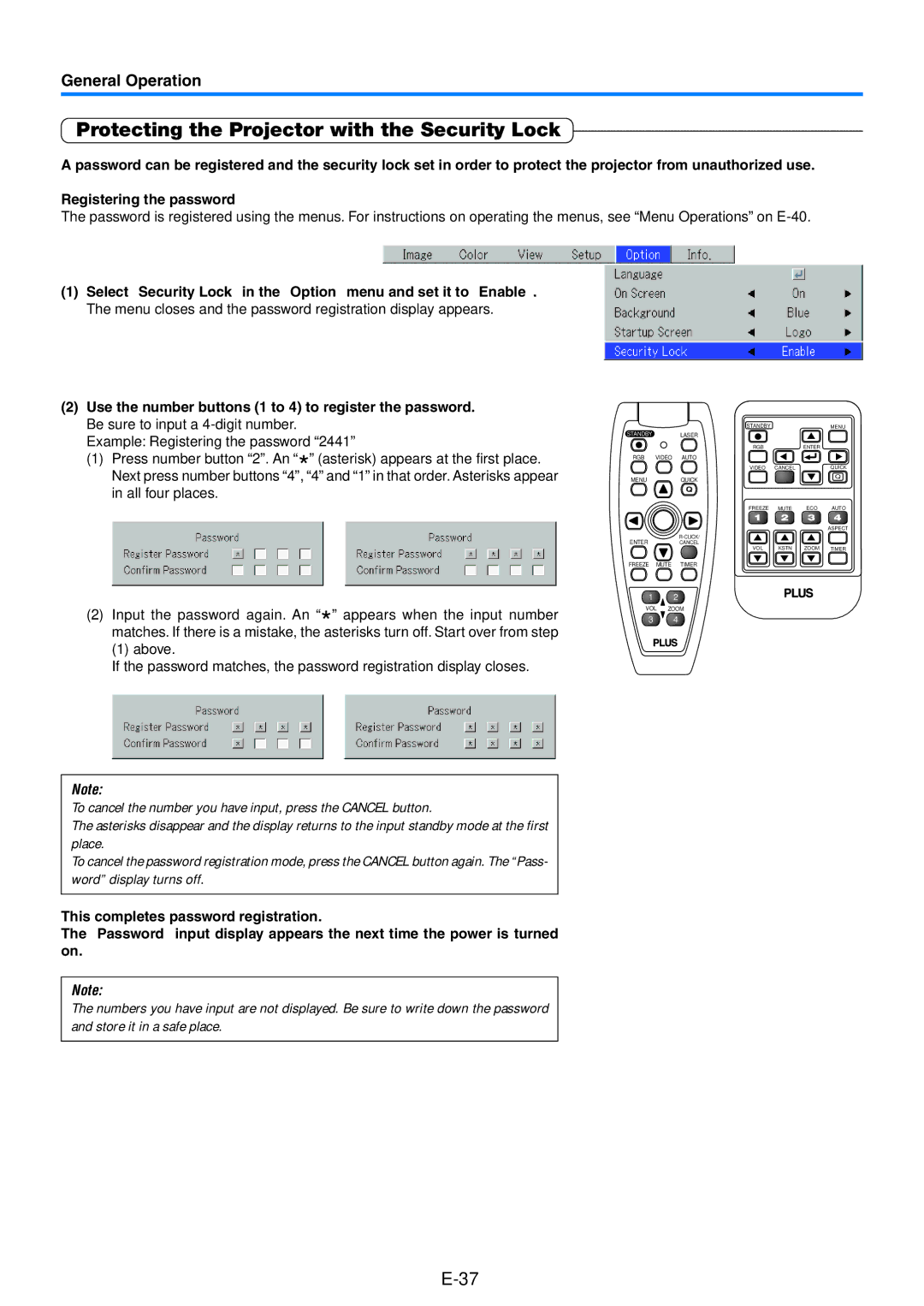 PLUS Vision U5-512 Protecting the Projector with the Security Lock, Use the number buttons 1 to 4 to register the password 