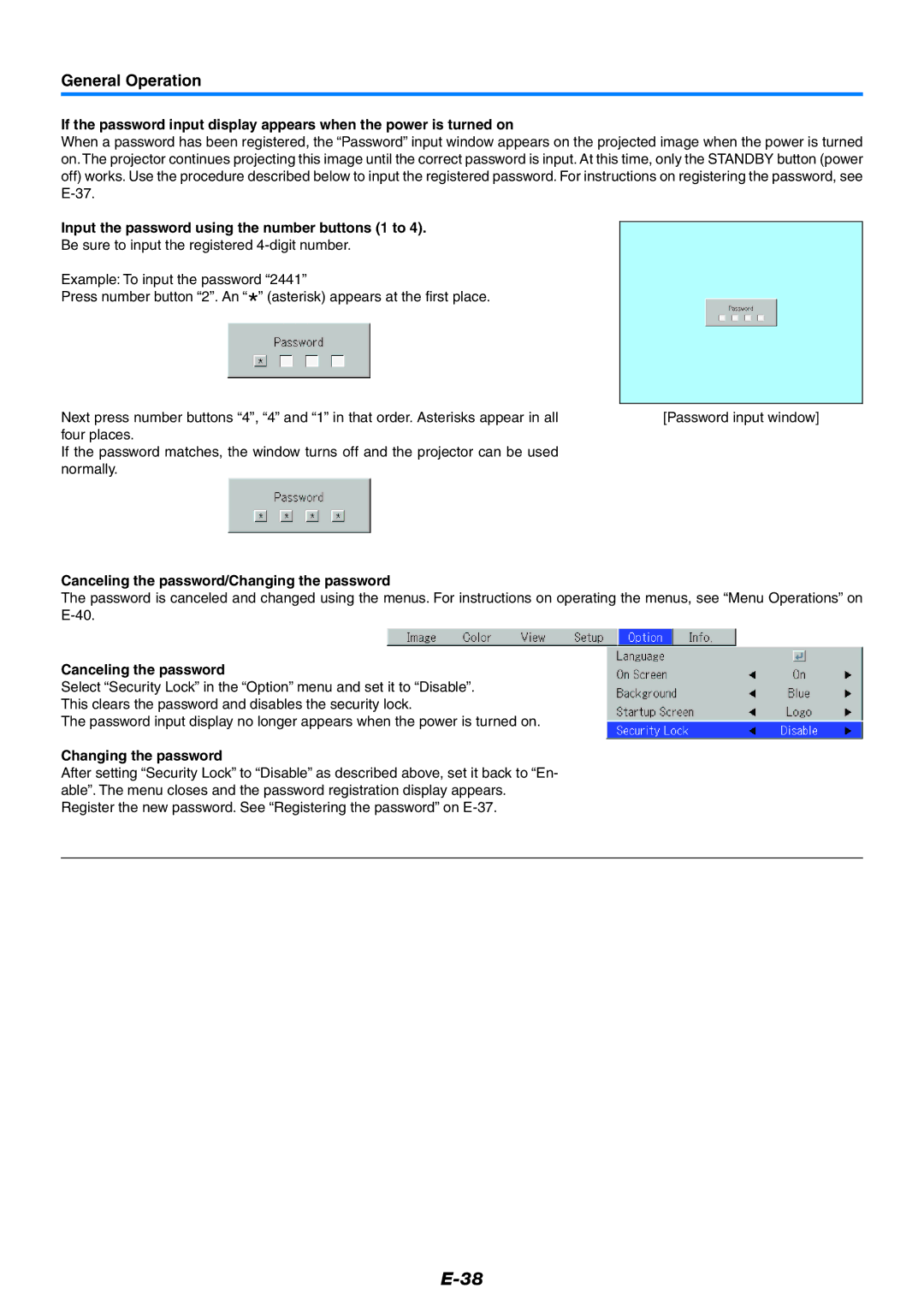 PLUS Vision U5-632, U5-532 Input the password using the number buttons 1 to, Canceling the password/Changing the password 