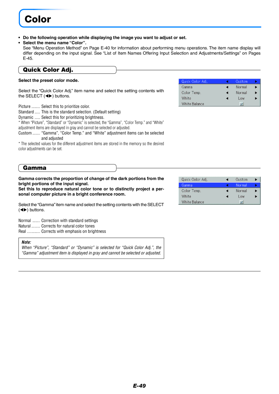 PLUS Vision U5-512, U5-632, U5-532 user manual Quick Color Adj, Gamma, Select the preset color mode 