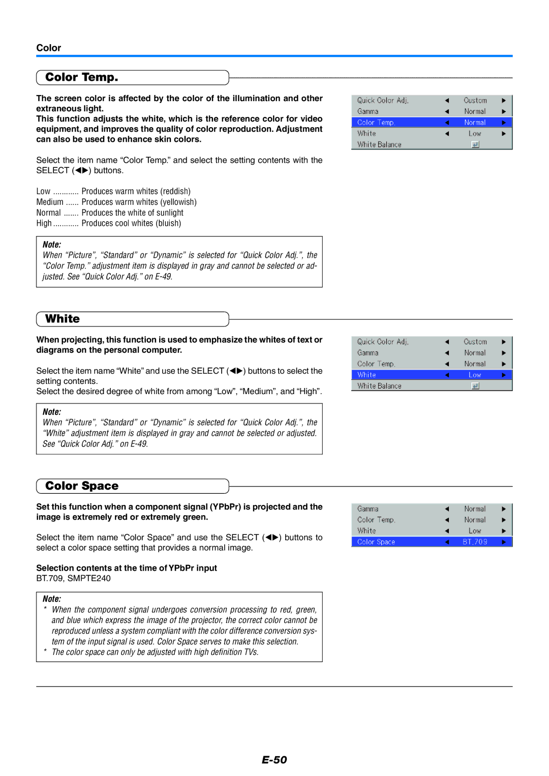 PLUS Vision U5-632, U5-532, U5-512 user manual Color Temp, White, Color Space, Selection contents at the time of YPbPr input 