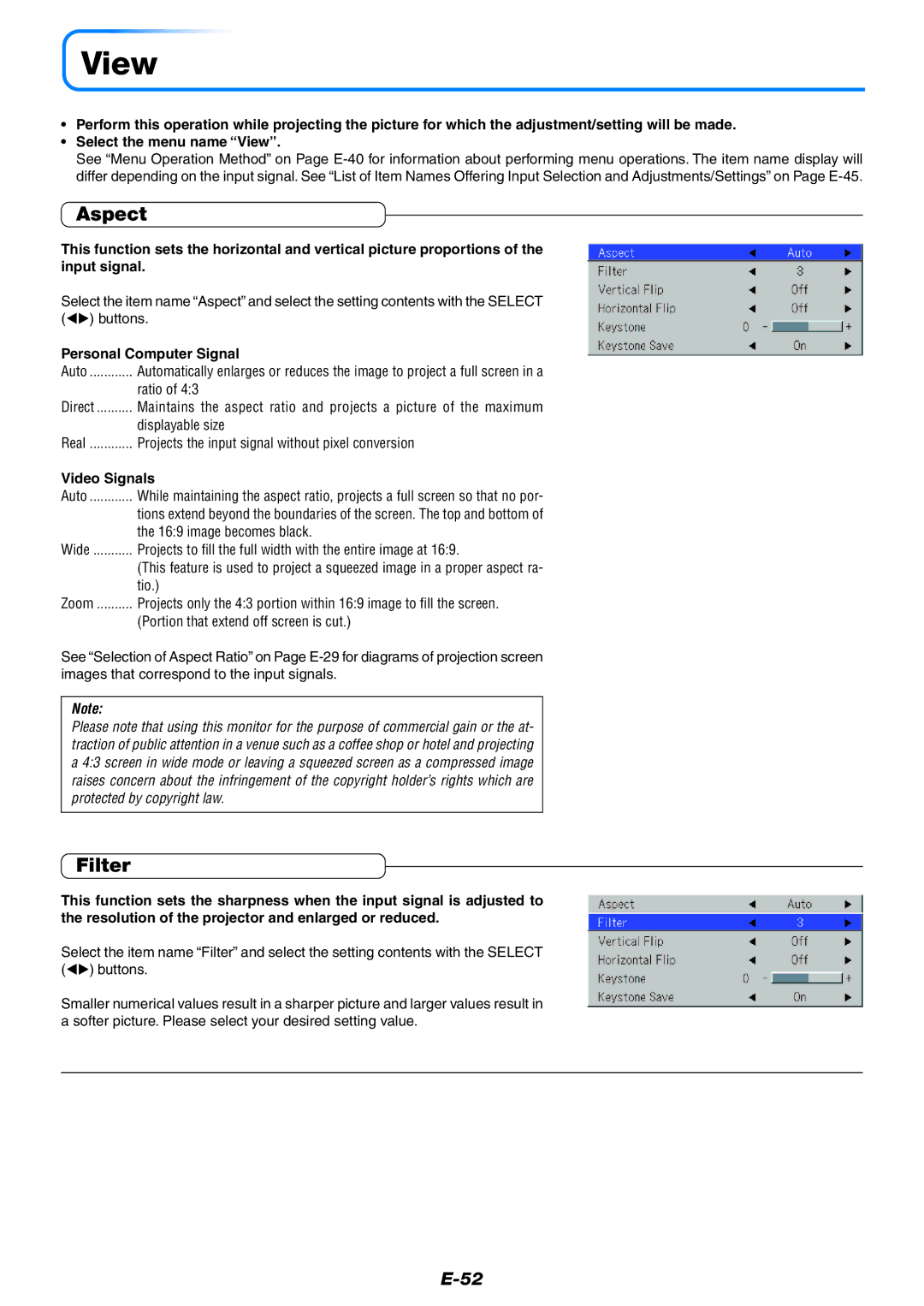 PLUS Vision U5-512, U5-632, U5-532 user manual View, Aspect, Filter, Video Signals 