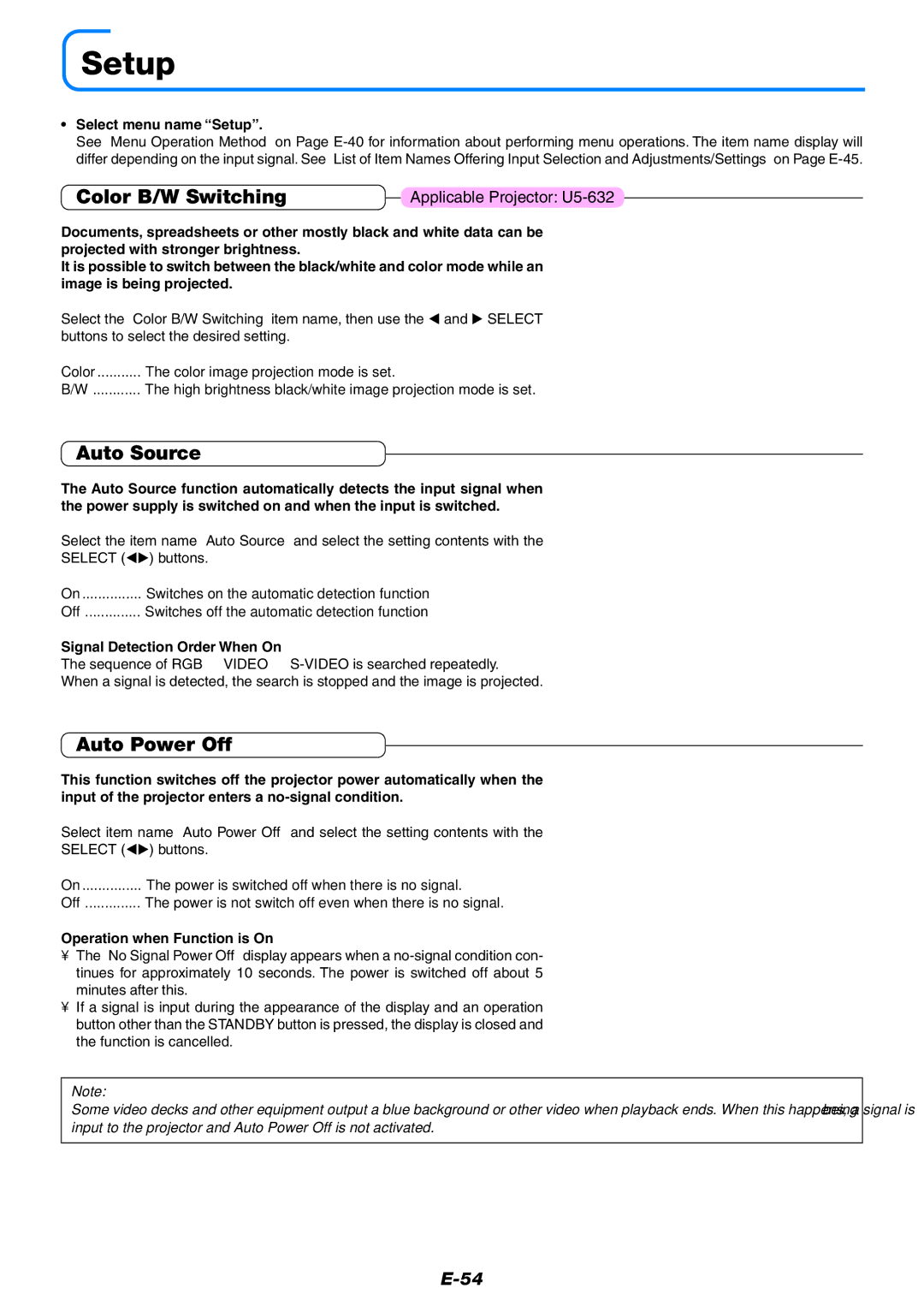 PLUS Vision U5-532, U5-632, U5-512 user manual Setup, Color B/W Switching, Auto Source, Auto Power Off 