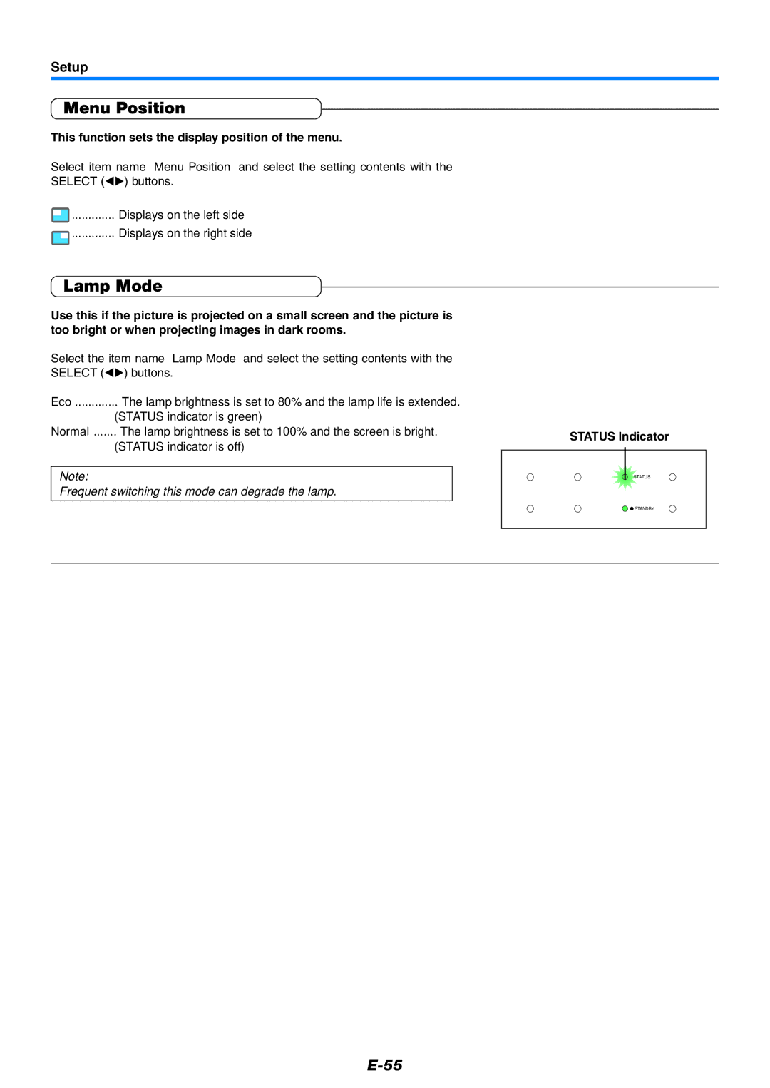 PLUS Vision U5-512 Menu Position, Setup, This function sets the display position of the menu, Status indicator is green 