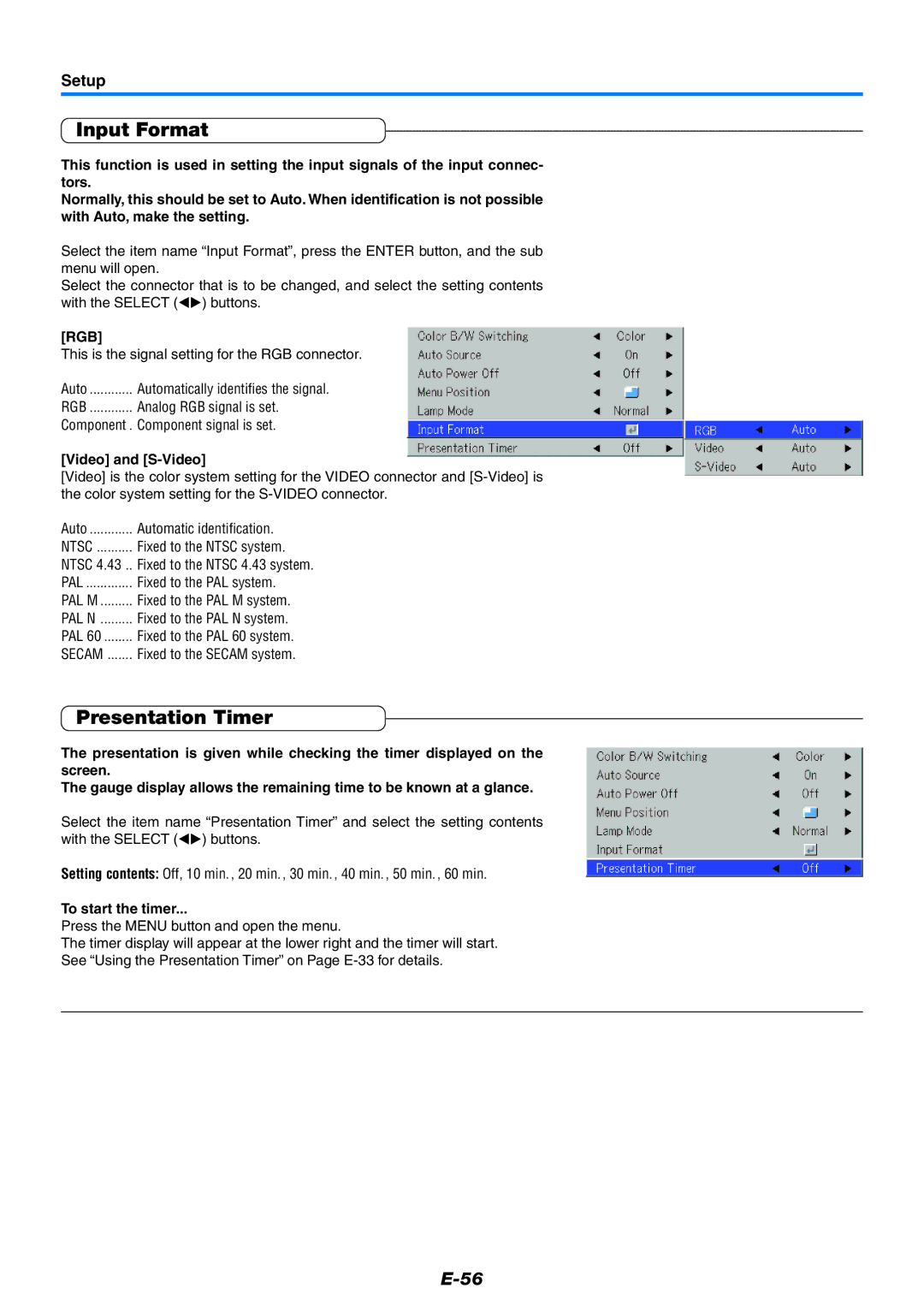 PLUS Vision U5-632, U5-532, U5-512 user manual Input Format, Presentation Timer, Video and S-Video, To start the timer 