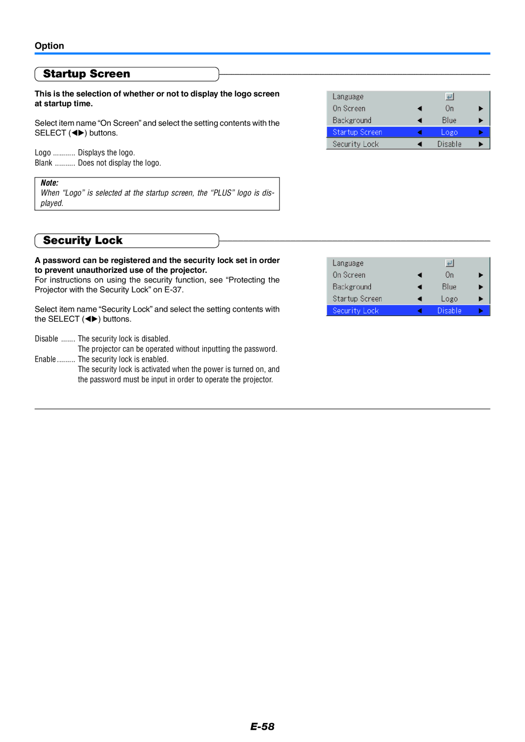 PLUS Vision U5-512, U5-632, U5-532 user manual Startup Screen, Security Lock, Option 