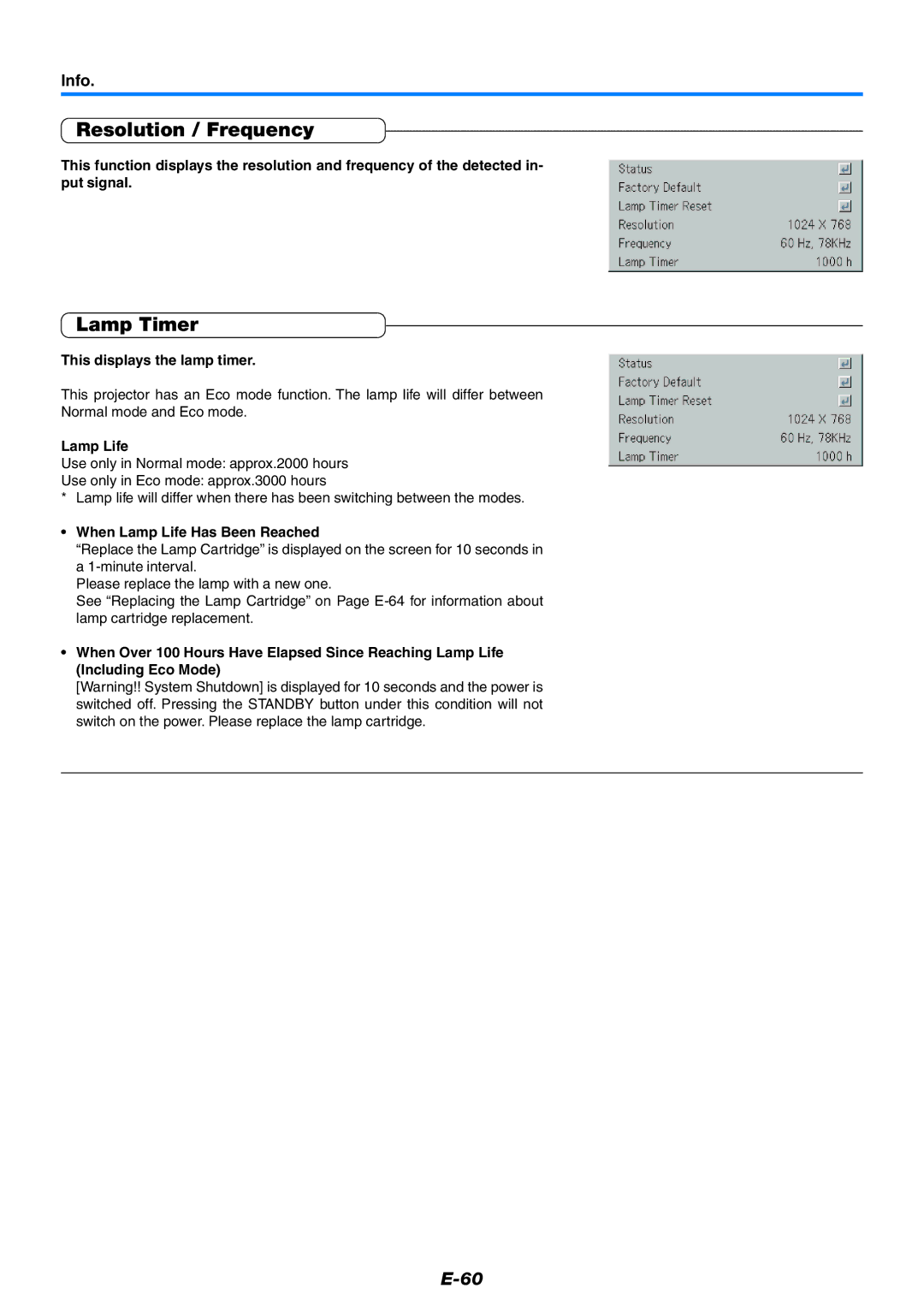 PLUS Vision U5-532, U5-632, U5-512 user manual Resolution / Frequency, Lamp Timer, Info 