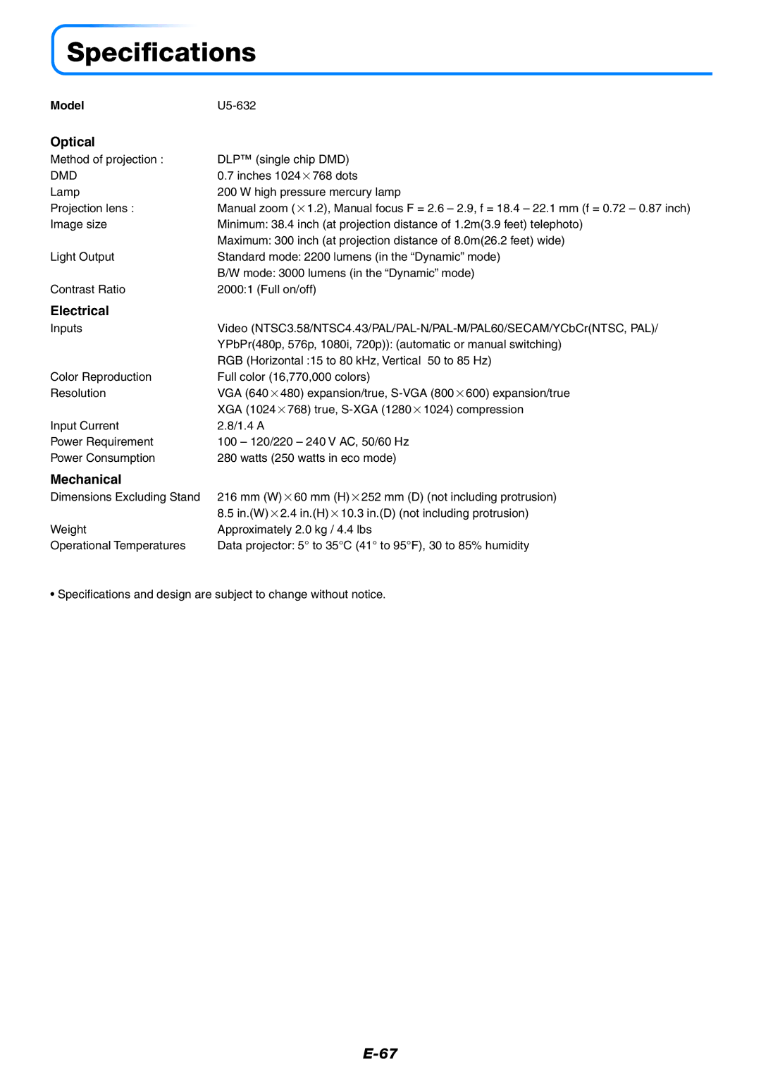 PLUS Vision U5-512, U5-532 user manual Specifications, Optical, Electrical, Mechanical, Model U5-632 