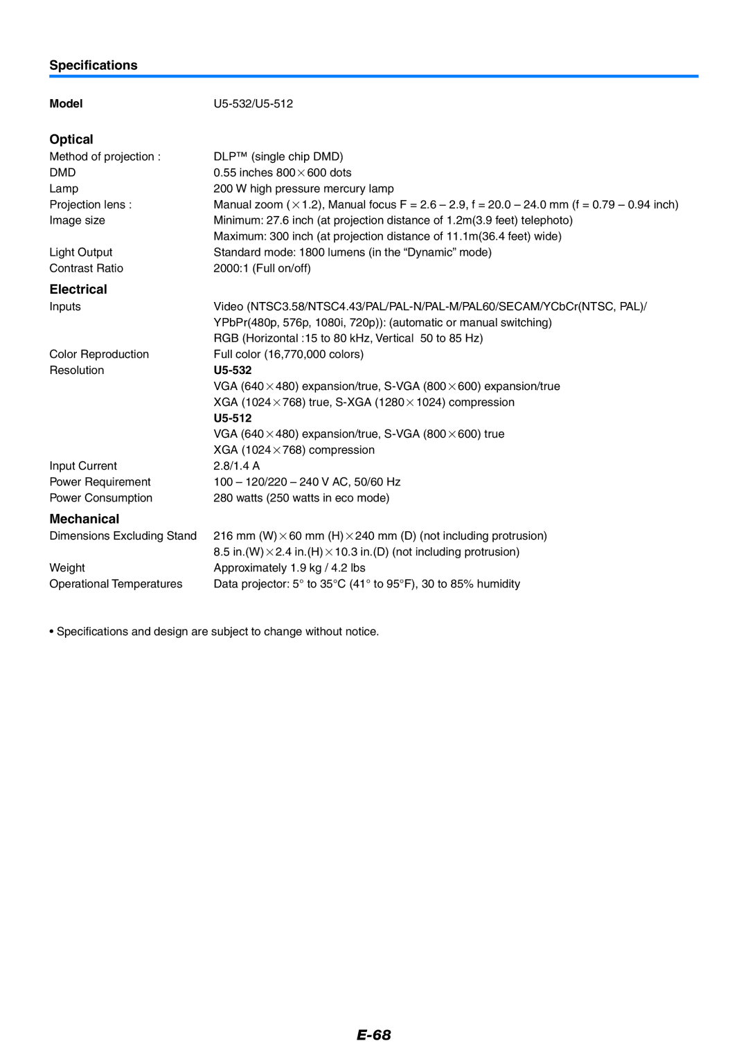 PLUS Vision U5-632 user manual Specifications, Model U5-532/U5-512 