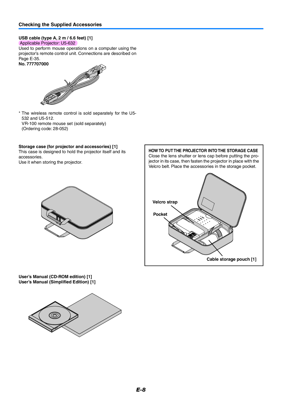 PLUS Vision U5-632, U5-532, U5-512 user manual Checking the Supplied Accessories, USB cable type A, 2 m / 6.6 feet 