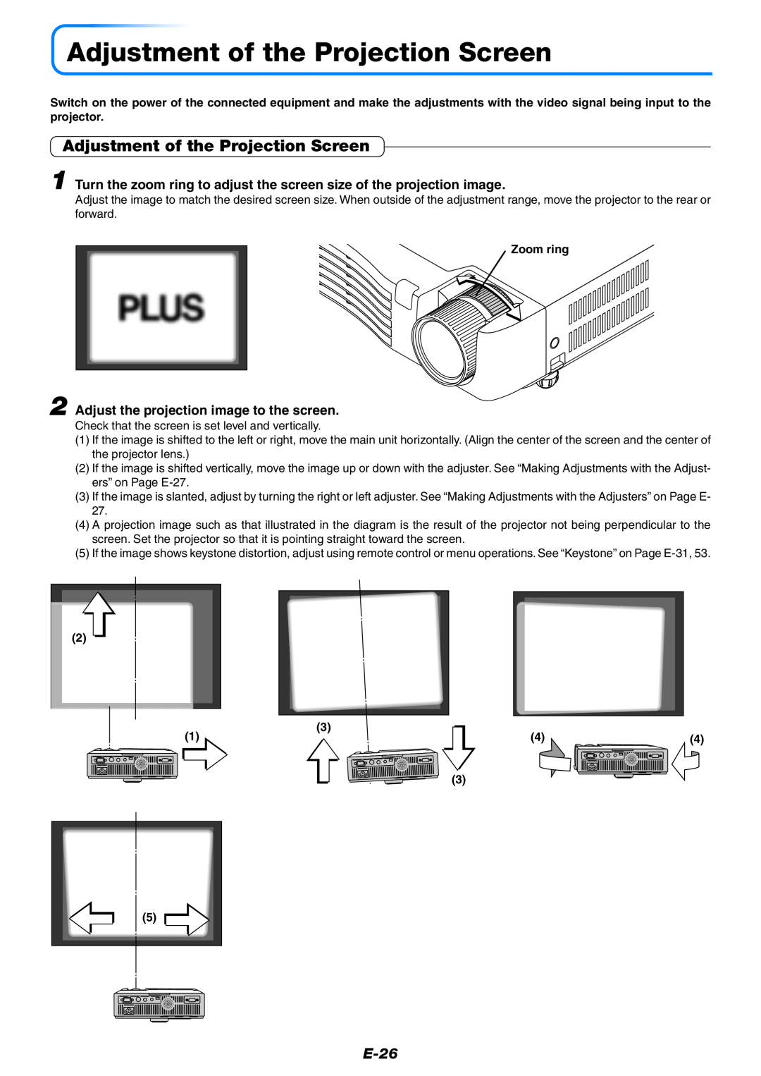 PLUS Vision U5-632, U5-532 Adjustment of the Projection Screen, E-26, Adjust the projection image to the screen, Zoom ring 