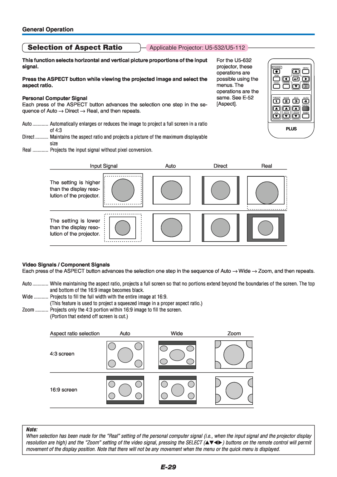 PLUS Vision U5-632, U5-532, U5-512 user manual Selection of Aspect Ratio, E-29, General Operation, Personal Computer Signal 
