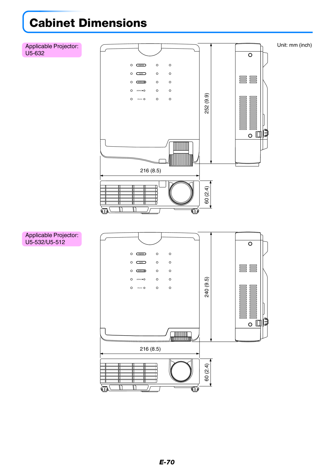 PLUS Vision U5-512, U5-632, U5-532 user manual Cabinet Dimensions, E-70 