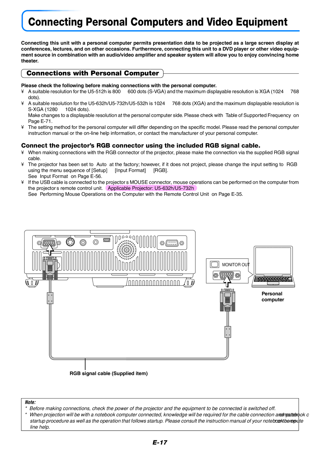 PLUS Vision U5-632h user manual Connections with Personal Computer, Personal computer RGB signal cable Supplied item 