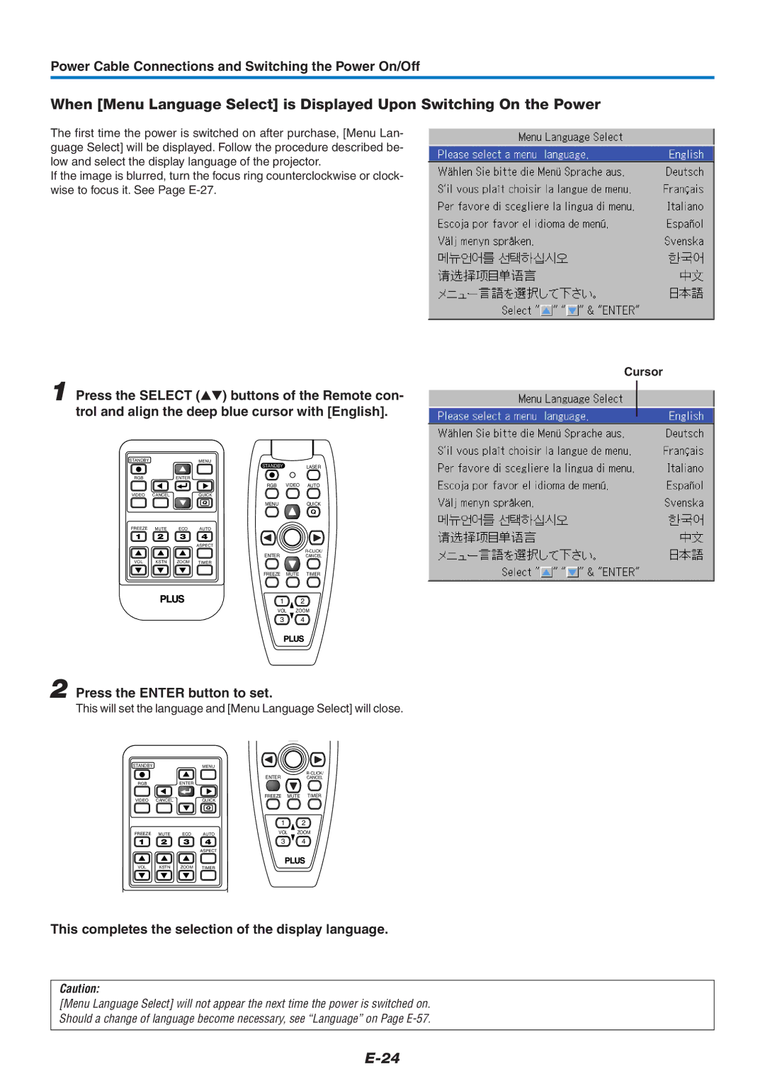 PLUS Vision U5-632h Power Cable Connections and Switching the Power On/Off, Press the Enter button to set, Cursor 