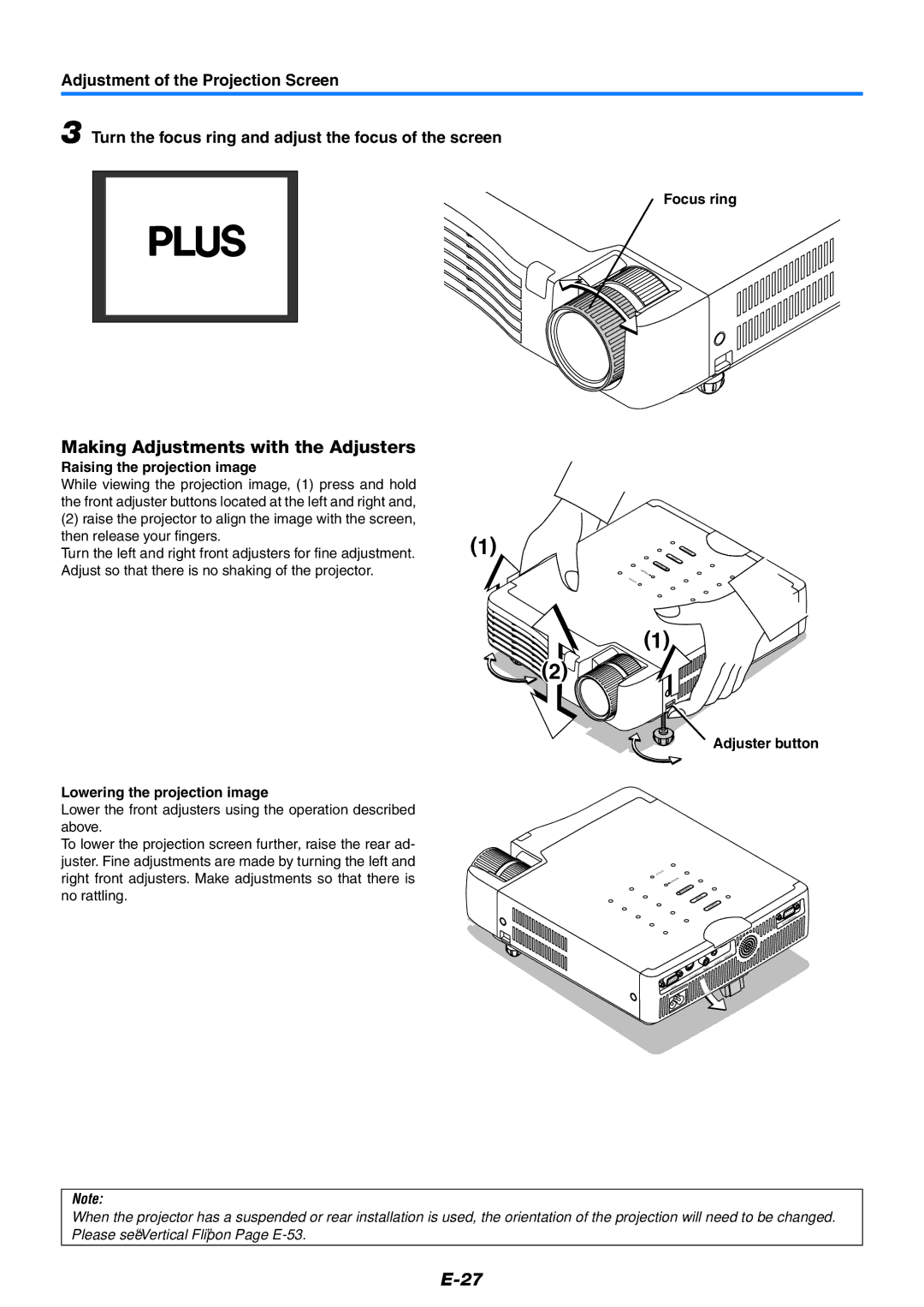 PLUS Vision U5-632h Making Adjustments with the Adjusters, Focus ring, Raising the projection image, Adjuster button 