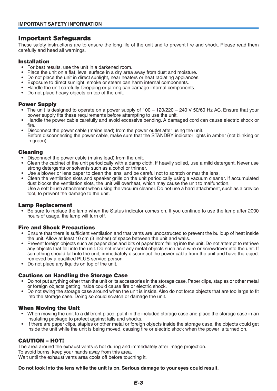 PLUS Vision U5-632h user manual Installation, Power Supply, Cleaning, Lamp Replacement, Fire and Shock Precautions 