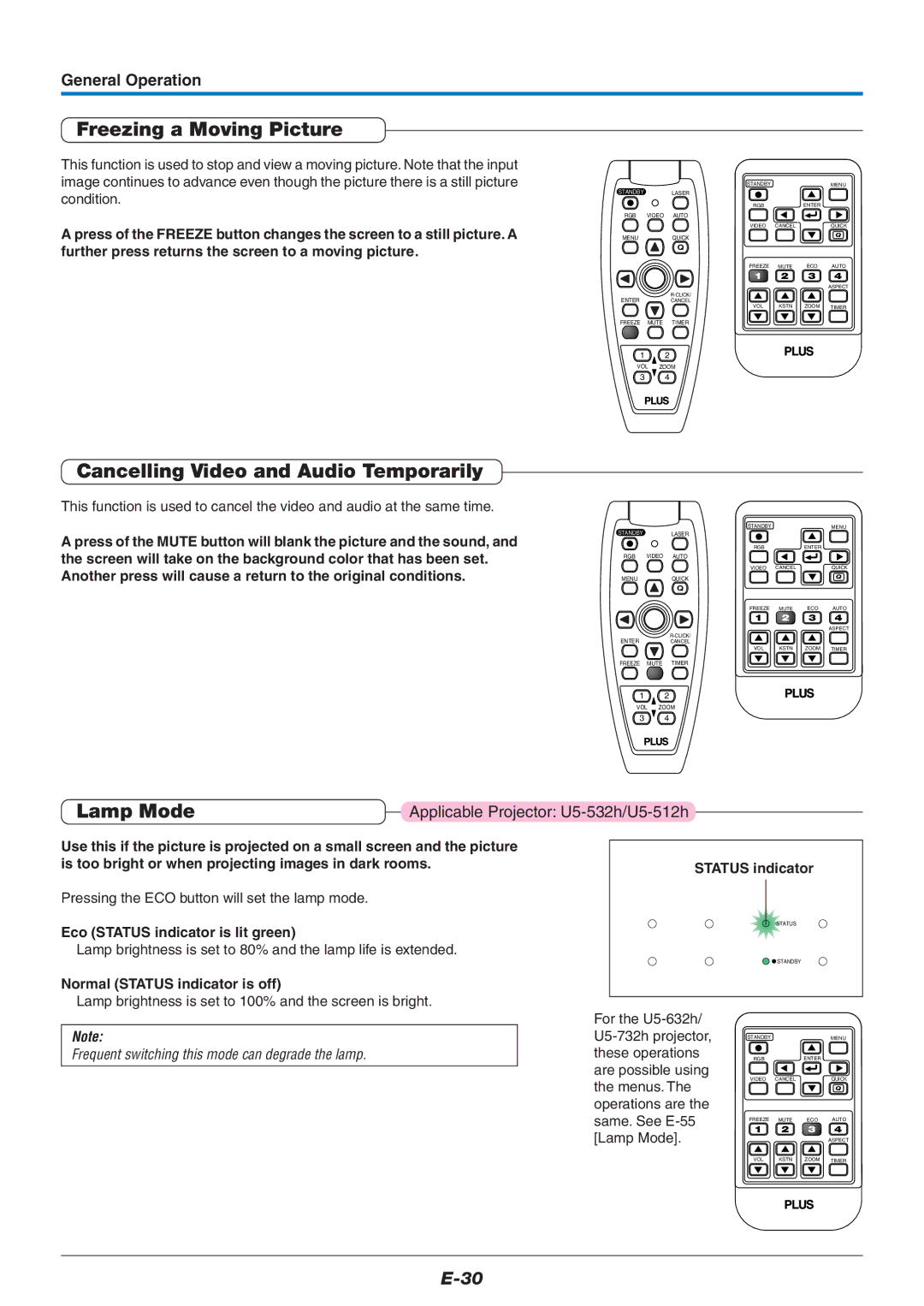 PLUS Vision U5-632h user manual Freezing a Moving Picture, Cancelling Video and Audio Temporarily, Lamp Mode 