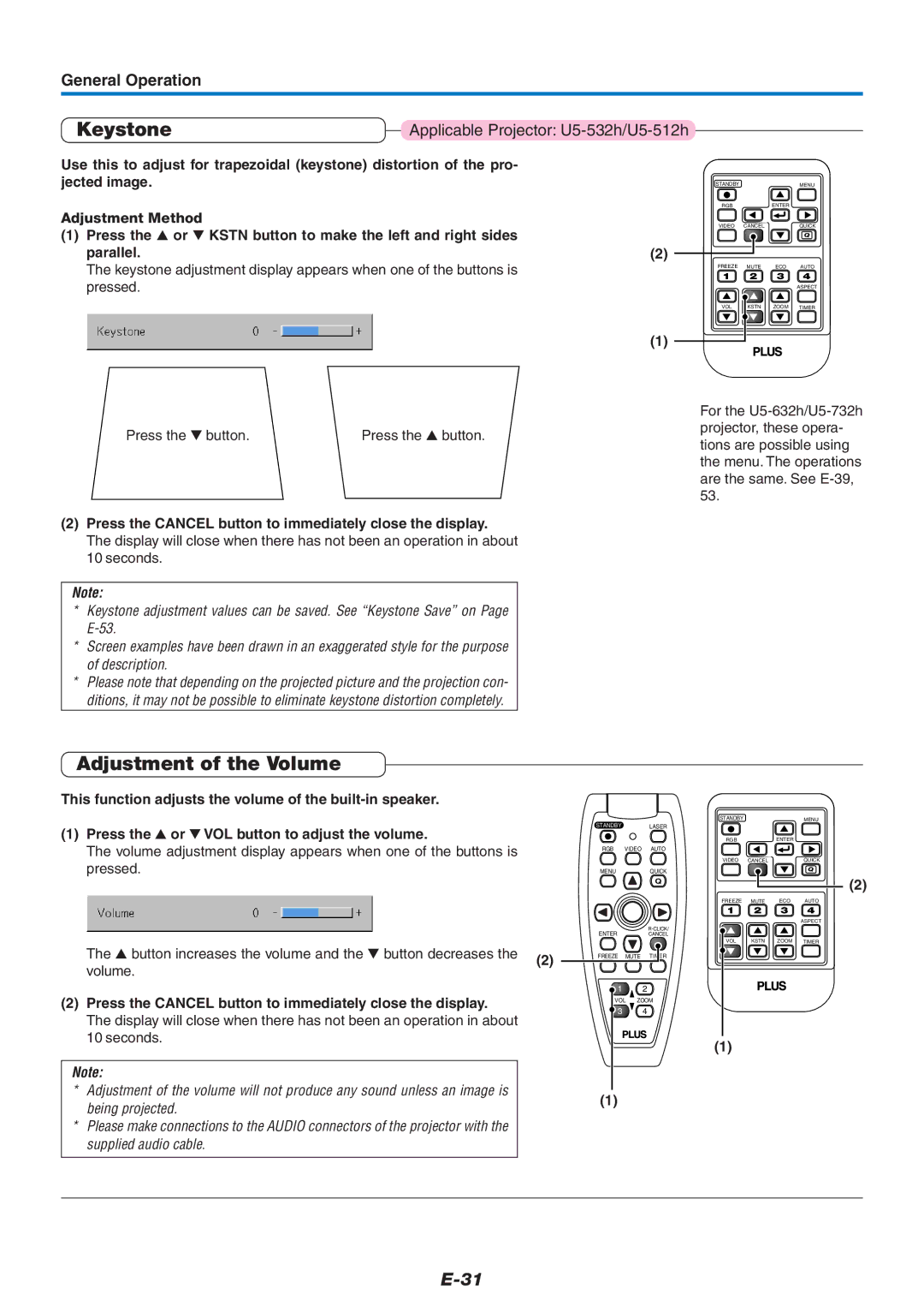 PLUS Vision U5-632h Keystone, Adjustment of the Volume, Press the Cancel button to immediately close the display 