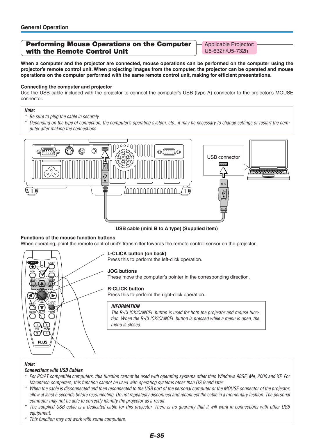 PLUS Vision U5-632h user manual Connecting the computer and projector, Click button on back, JOG buttons 