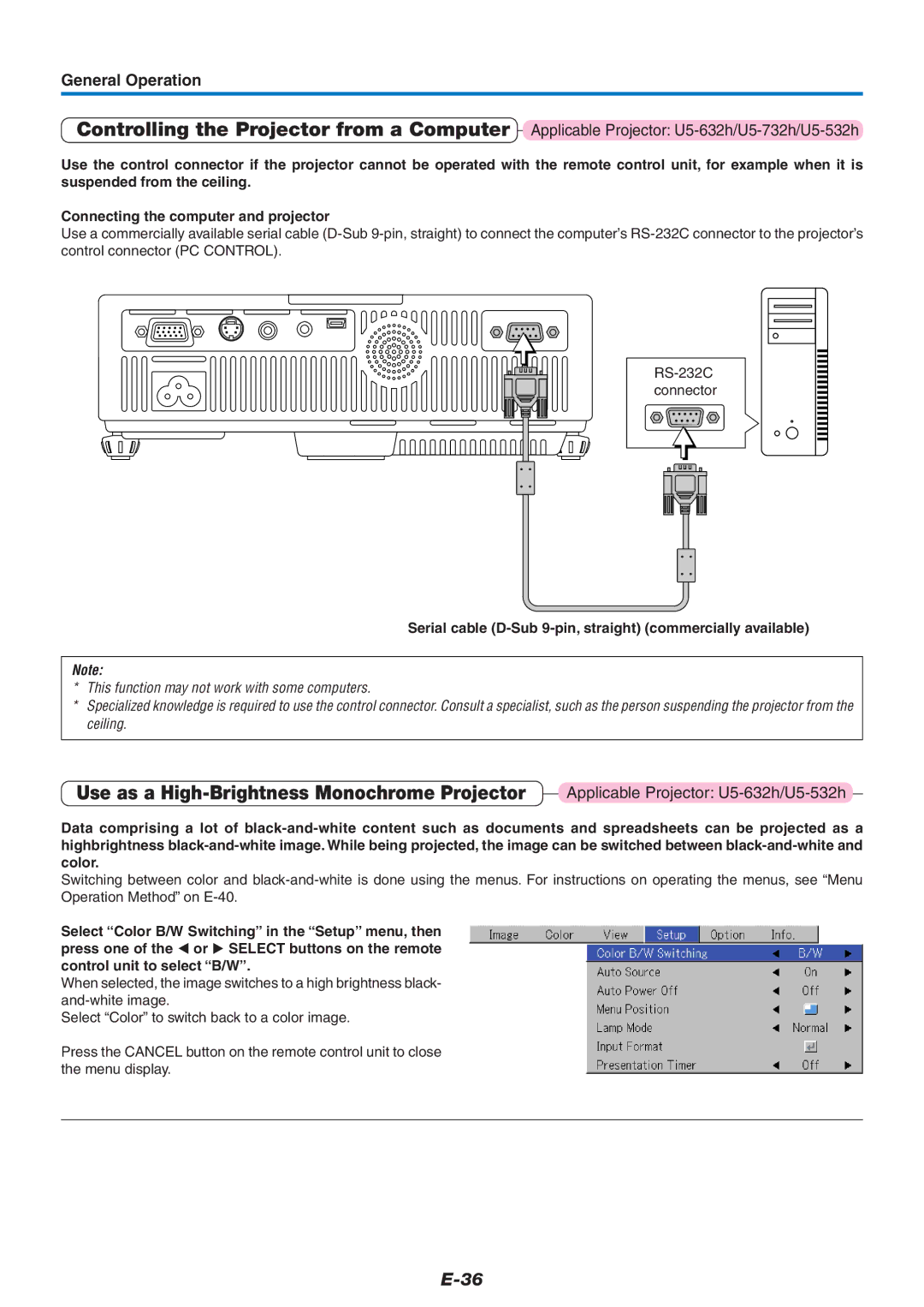 PLUS Vision user manual Use as a High-Brightness Monochrome Projector, Applicable Projector U5-632h/U5-532h 