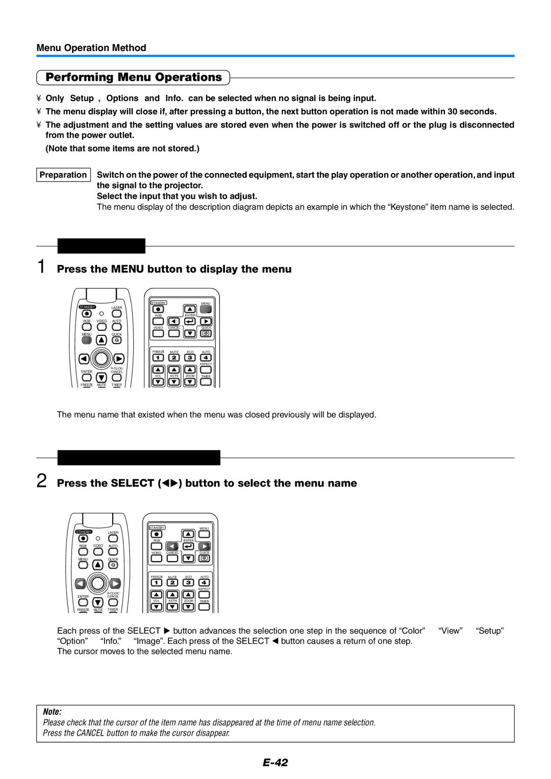 PLUS Vision U5-632h user manual Performing Menu Operations, Menu Display Press the Menu button to display the menu 