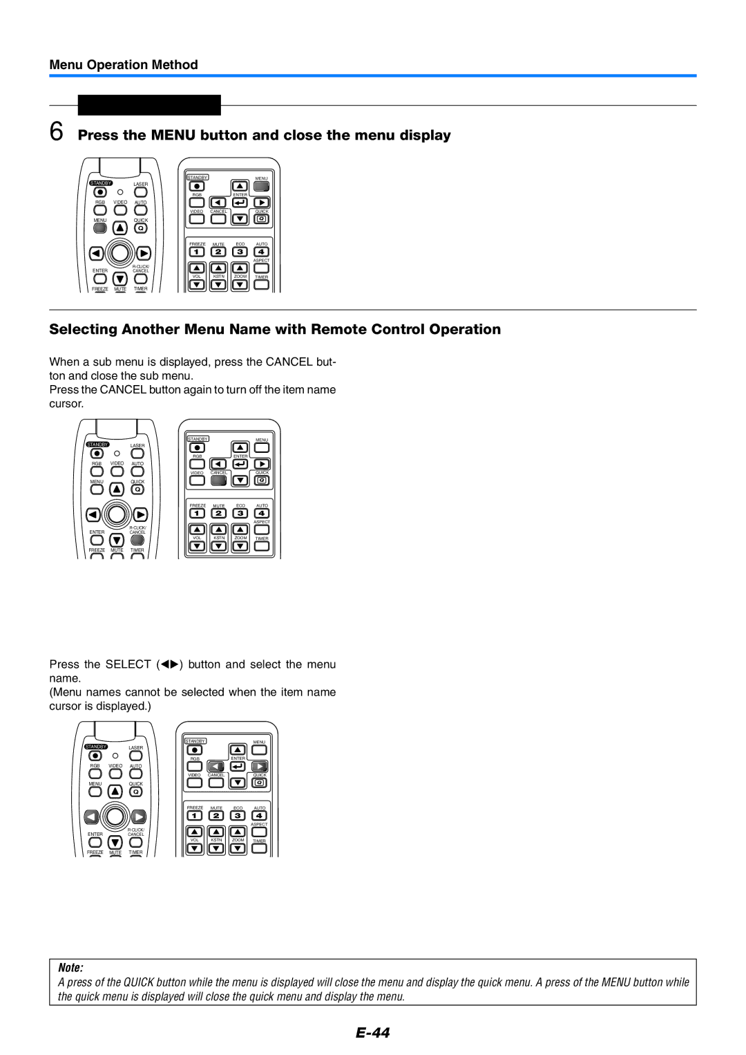 PLUS Vision U5-632h user manual Selecting Another Menu Name with Remote Control Operation 