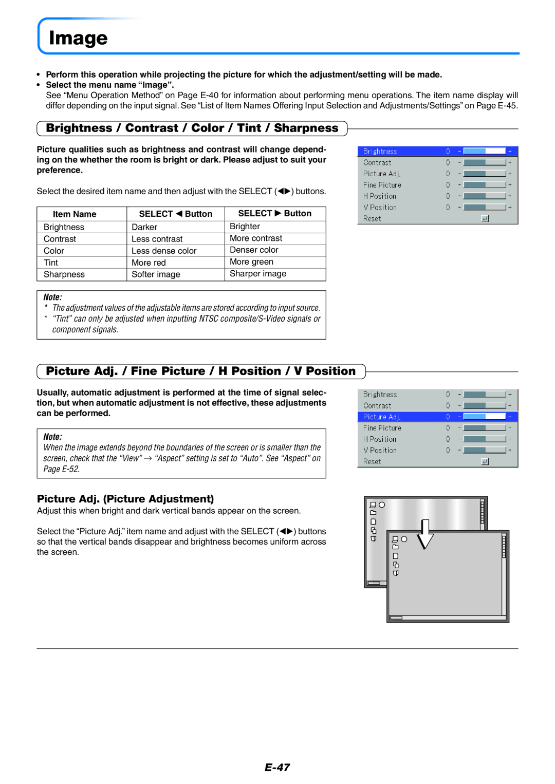 PLUS Vision U5-632h user manual Image, Brightness / Contrast / Color / Tint / Sharpness, Picture Adj. Picture Adjustment 