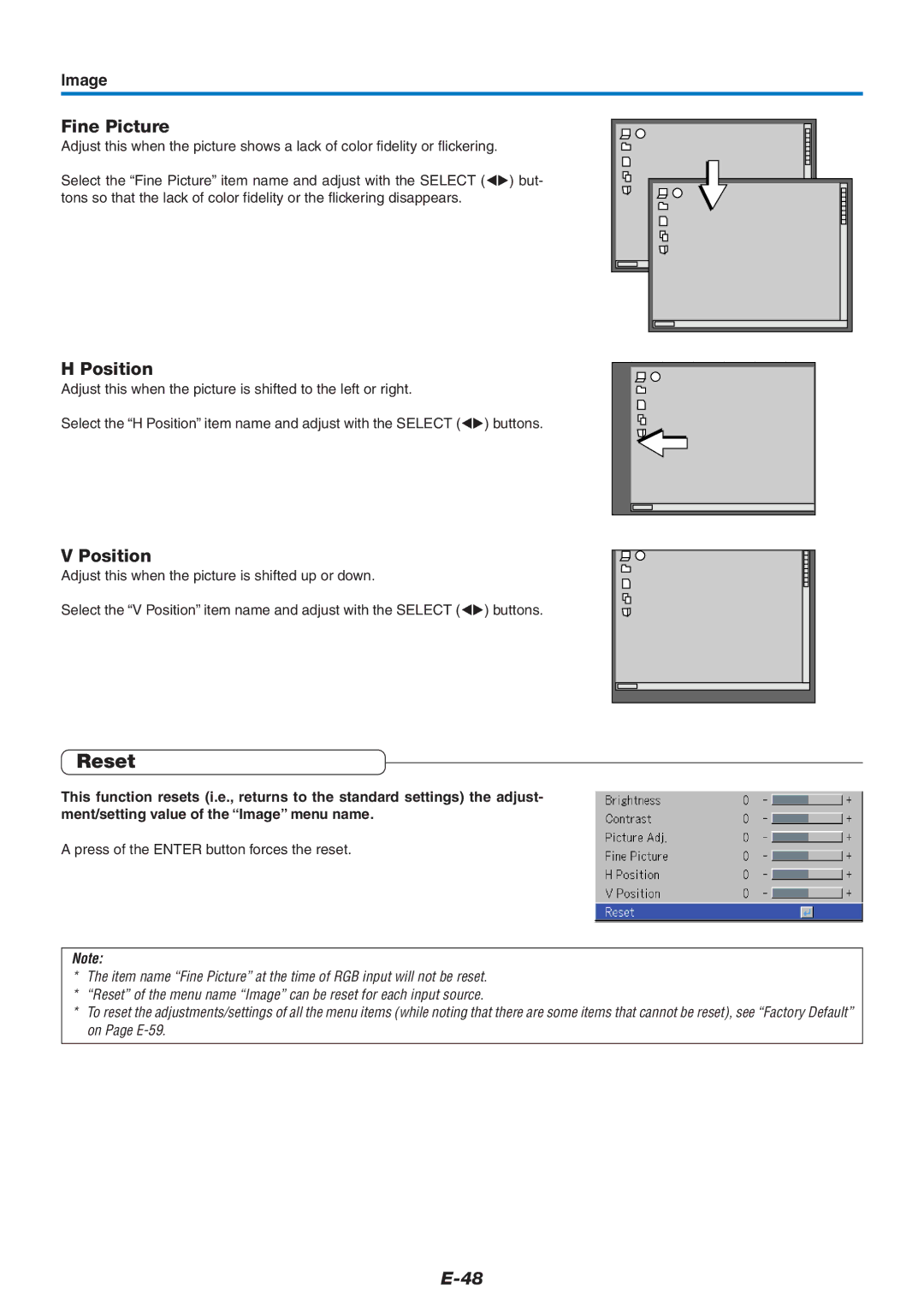 PLUS Vision U5-632h user manual Reset, Fine Picture, Position, Image, Press of the Enter button forces the reset 