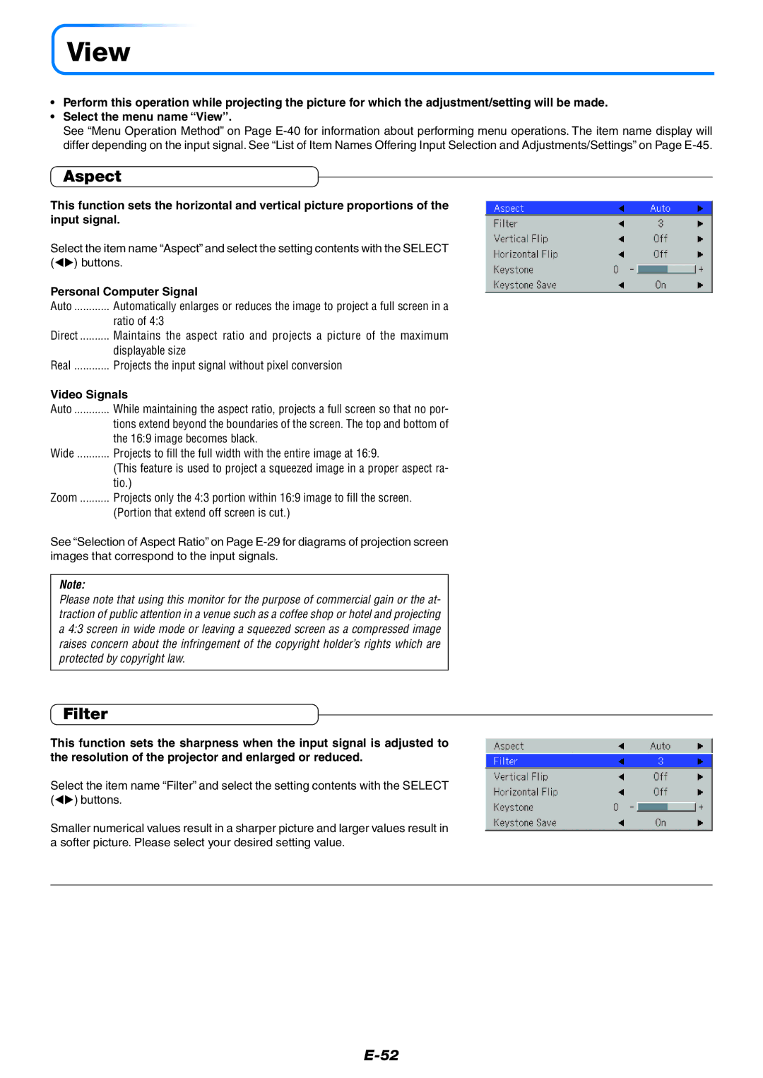 PLUS Vision U5-632h user manual View, Aspect, Filter, Video Signals 