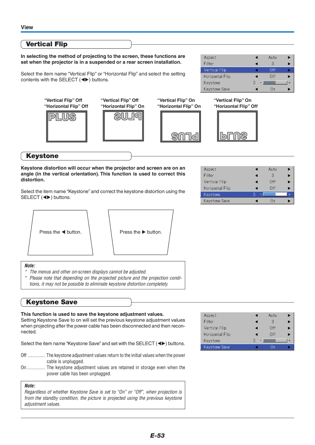 PLUS Vision U5-632h user manual Vertical Flip, Keystone Save, View, Cable is unplugged, Power cable has been unplugged 