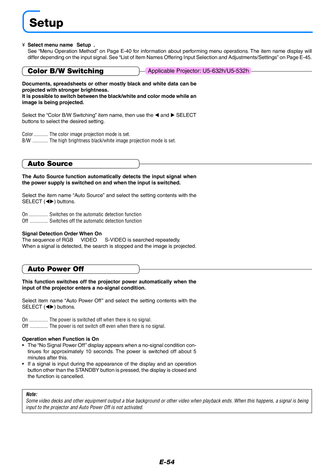 PLUS Vision U5-632h user manual Setup, Color B/W Switching, Auto Source, Auto Power Off 