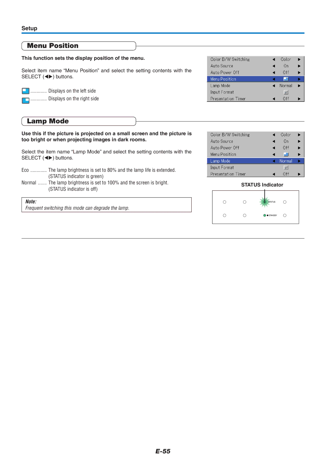 PLUS Vision U5-632h Menu Position, Setup, This function sets the display position of the menu, Status indicator is green 